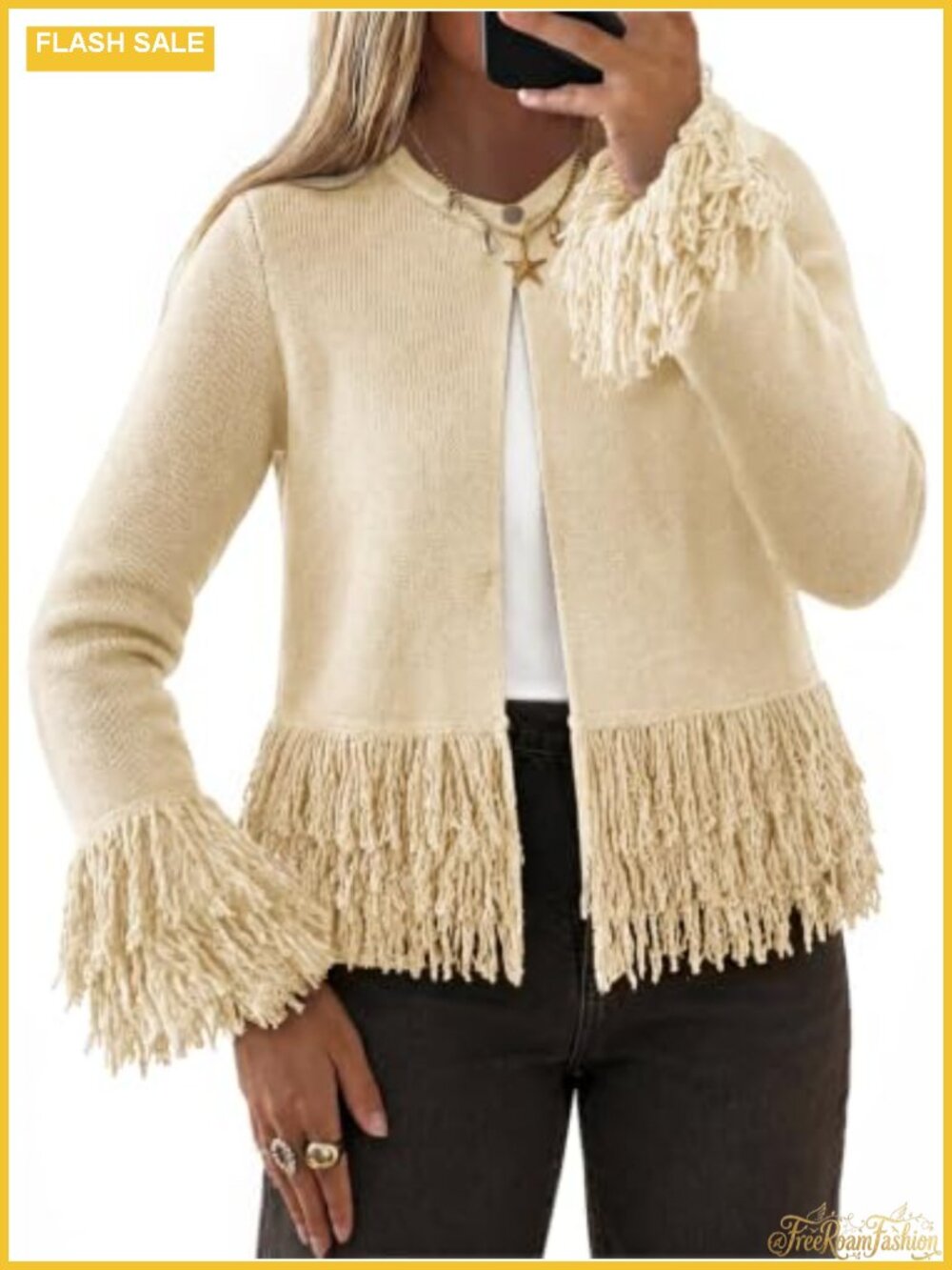 Fringe Cardigan Button Down Crew Neck Crochet Knit Sweater Boho Top